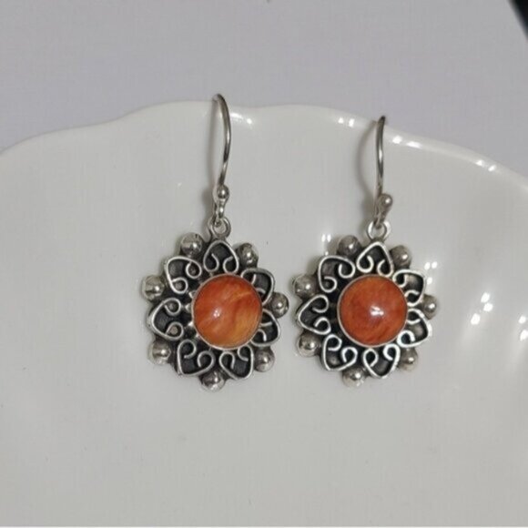 Vintage Sterling Silver Boho Moroccan Orange Sunstone Flower Drop Dangle Earring - Picture 2 of 8
